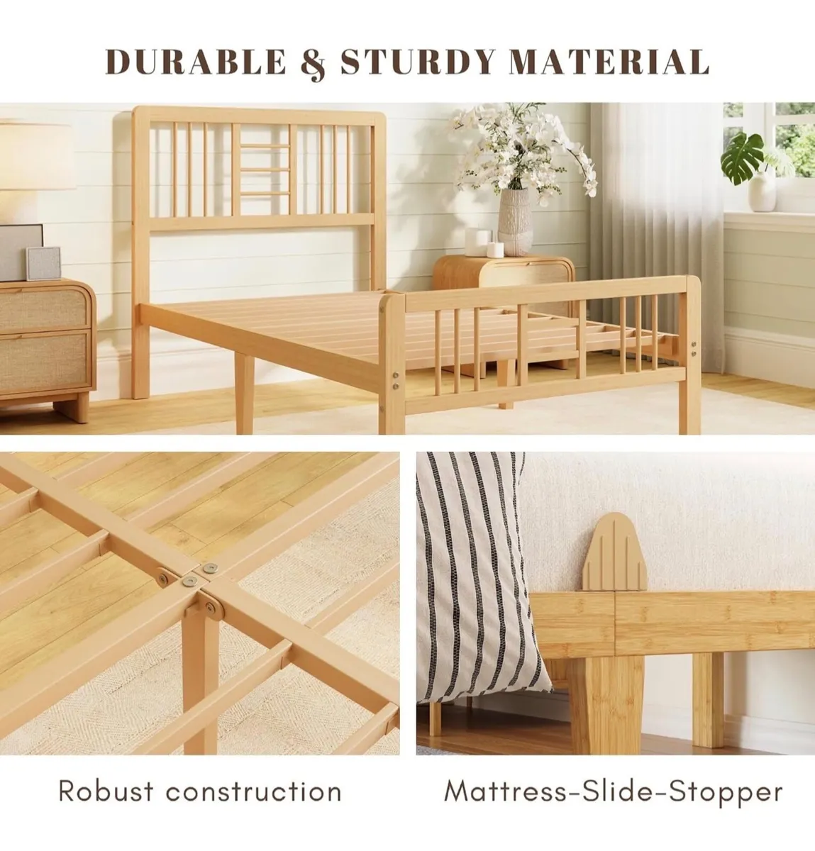 Wooden Single Bed Frame with Headboard - Bamboo Wo - Image 3