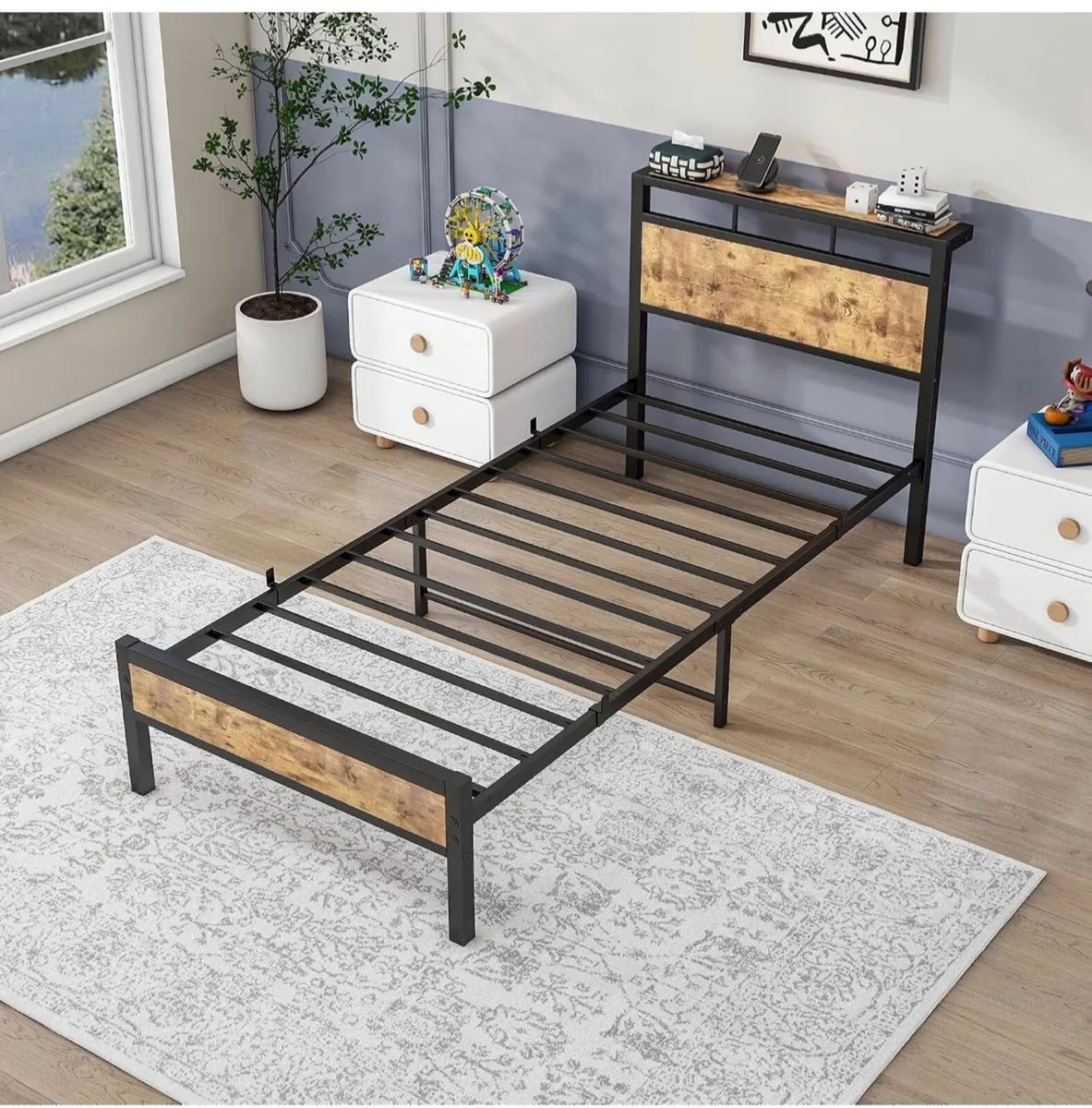 3ft Single Bed Frame with Wooden Storage Headboard - Image 2