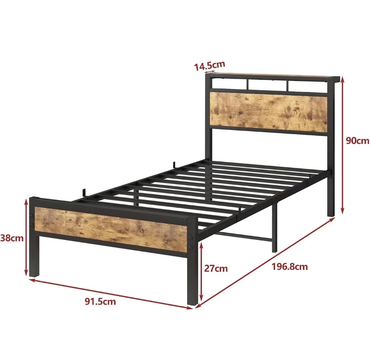 3ft Single Bed Frame with Wooden Storage Headboard - Image 3