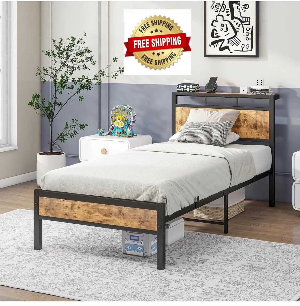3ft Single Bed Frame with Wooden Storage Headboard - Image 1