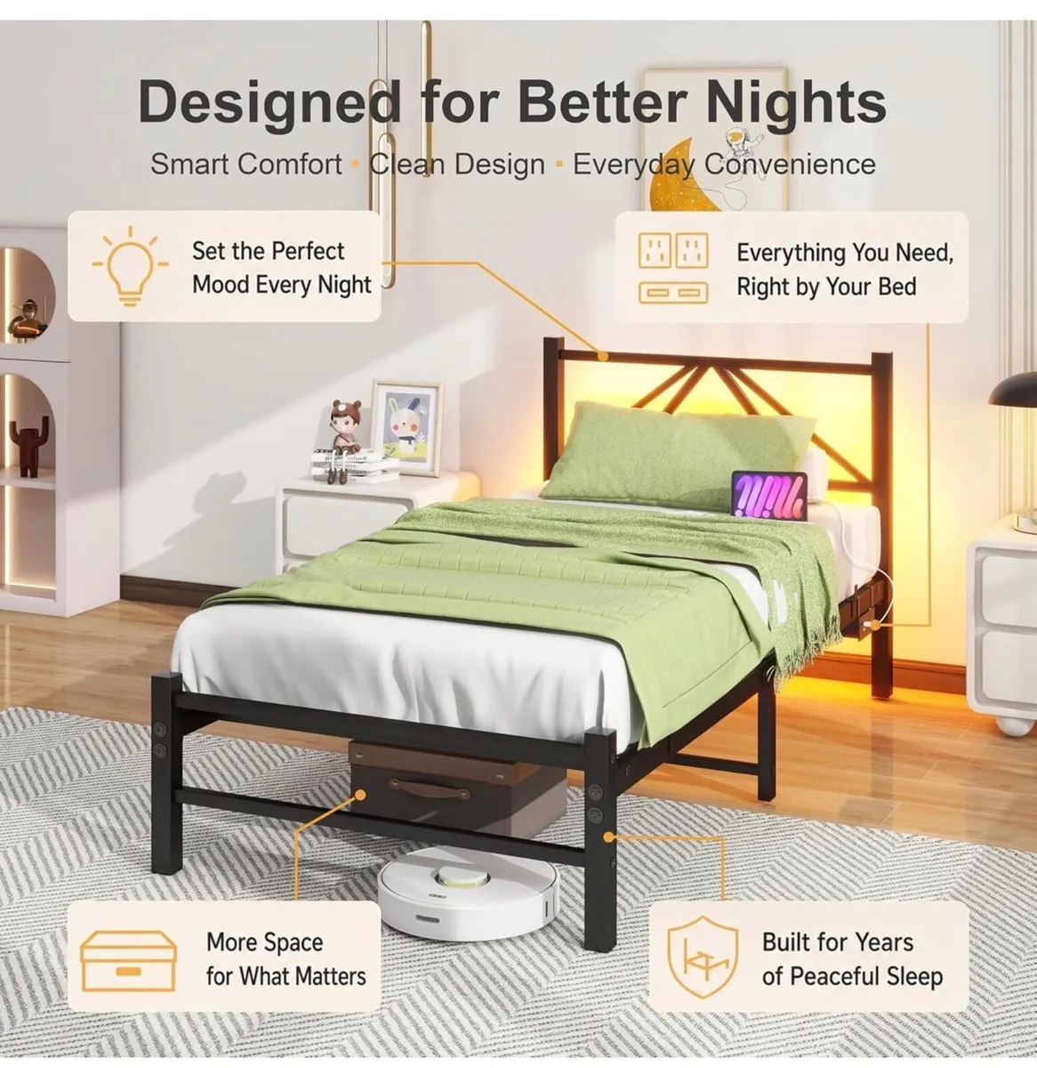 Single Bed Frame with Charging Station and LED Hea - Image 3