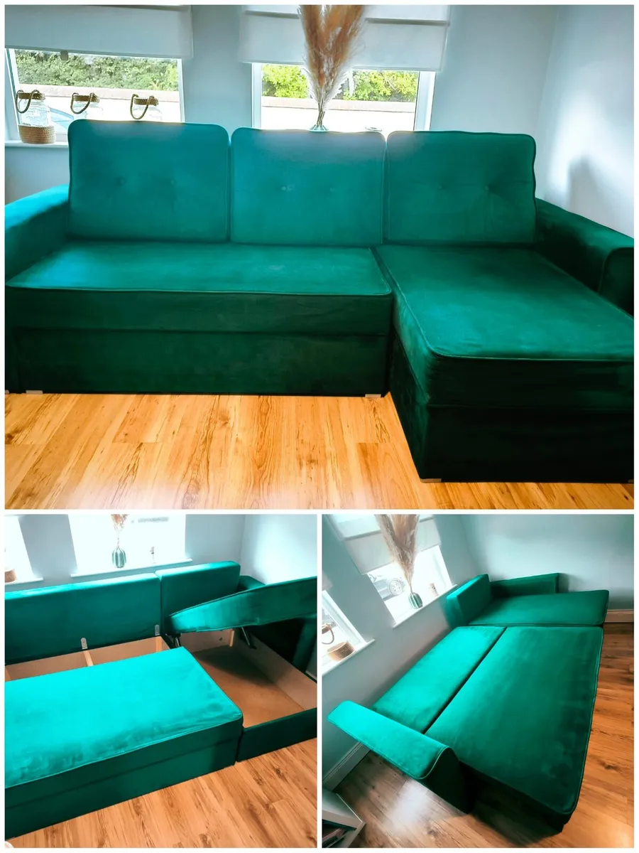 Green Velvet Corner Sofa Bed - Image 1