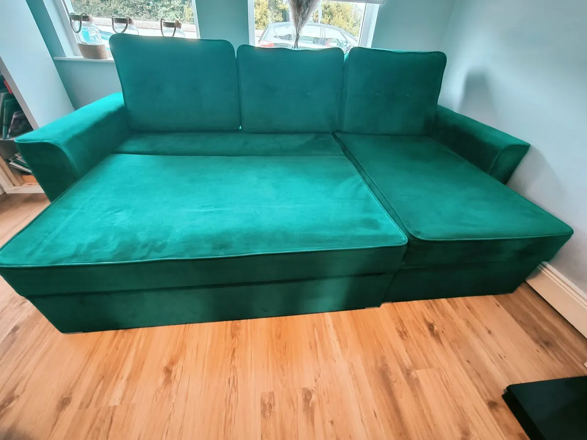 Green Velvet Corner Sofa Bed - Image 3