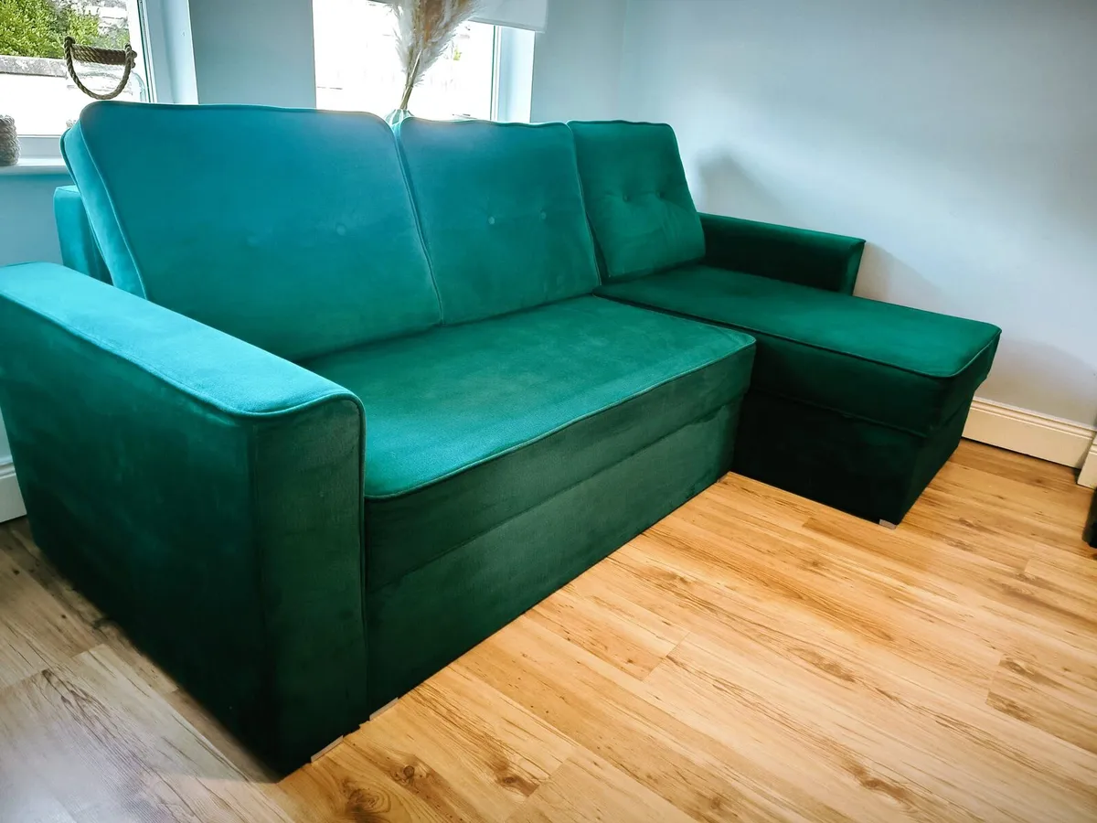 Green Velvet Corner Sofa Bed - Image 4