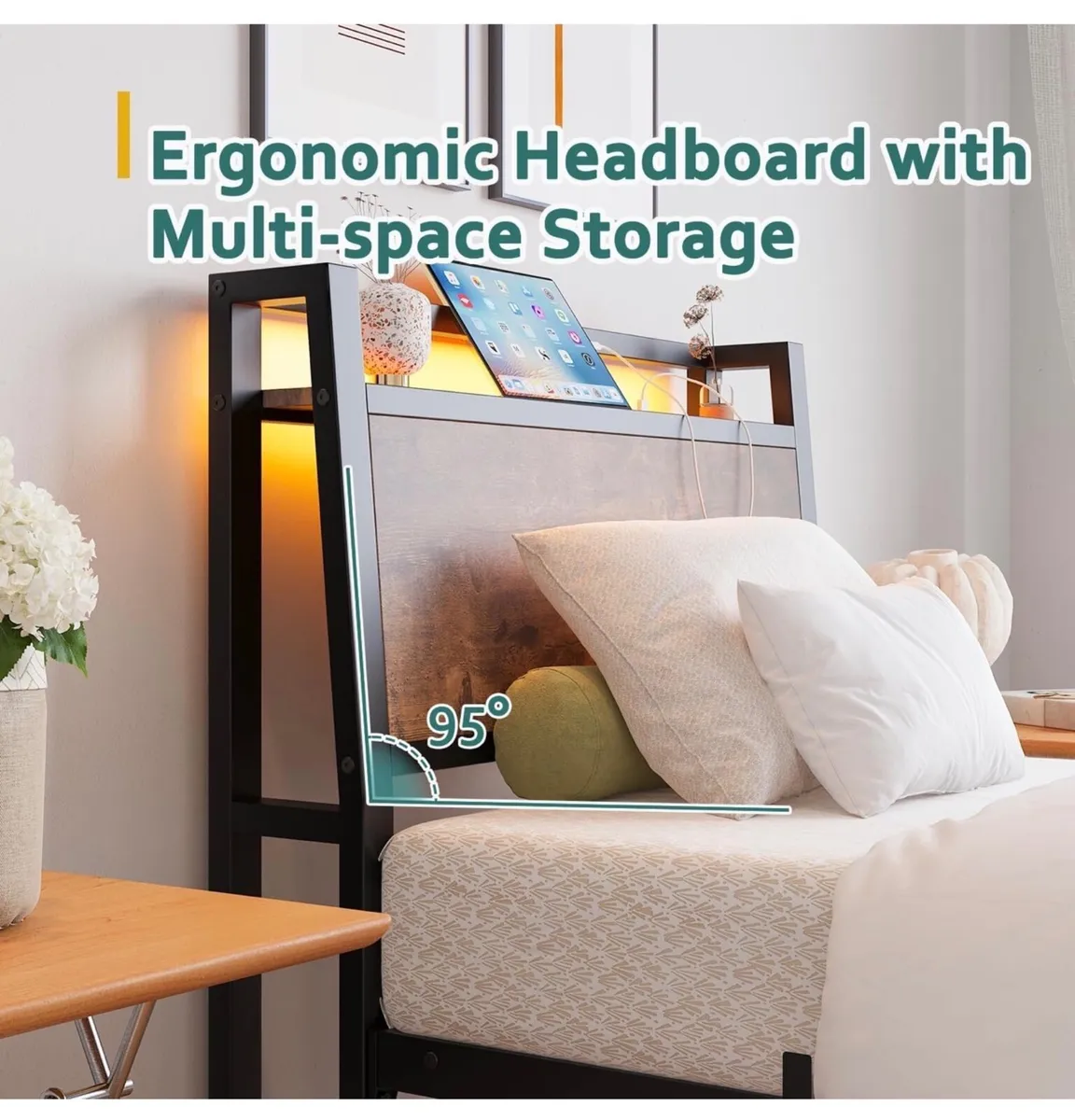3ft Single Bed Frame with Wooden Storage Headboard - Image 3