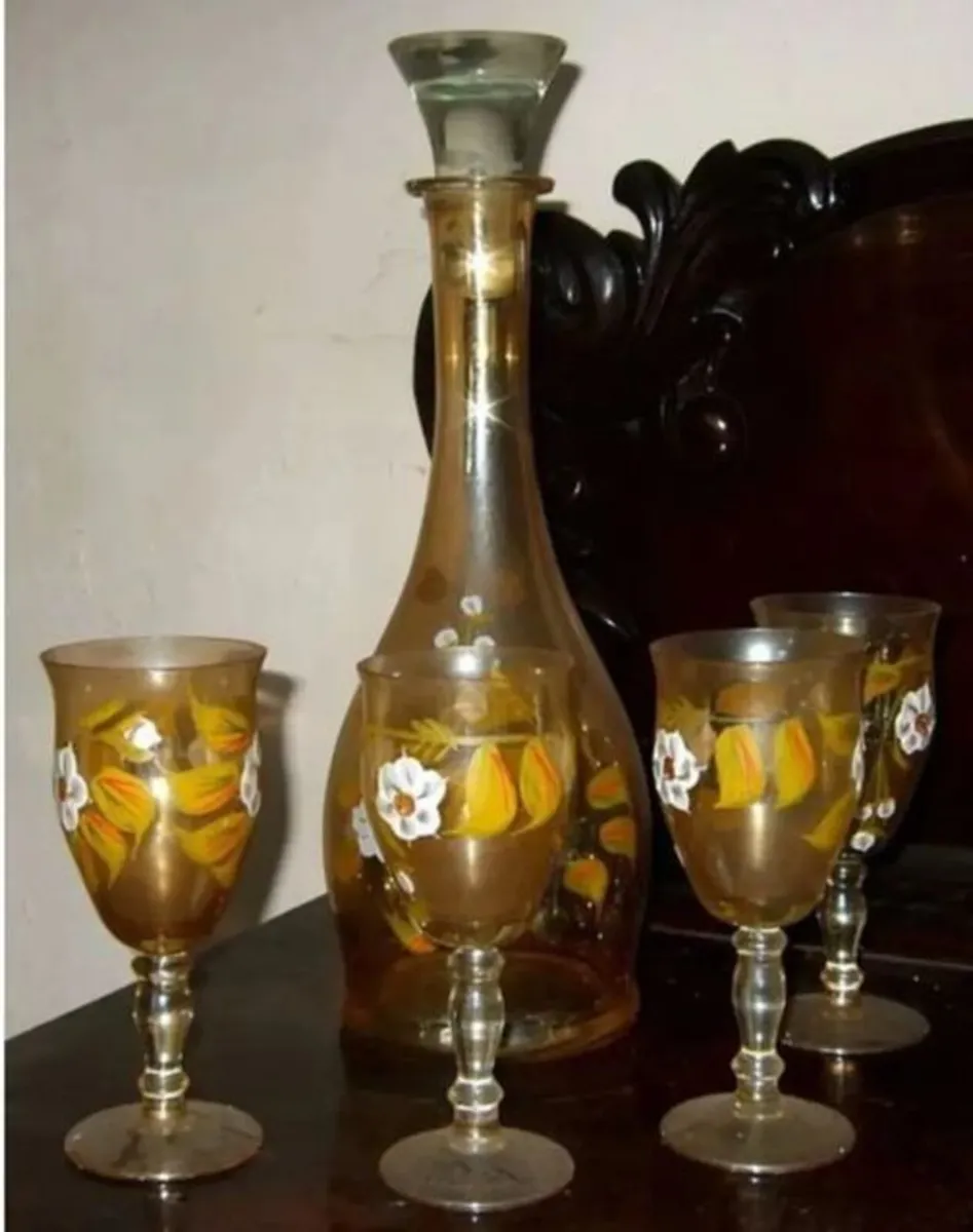 Vintage Bohemian Amber Glass Decanter & 4 Glasses - Image 1
