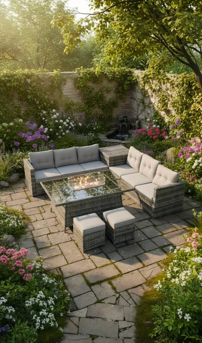 Corner garden furniture set with gas firepit table - Image 1