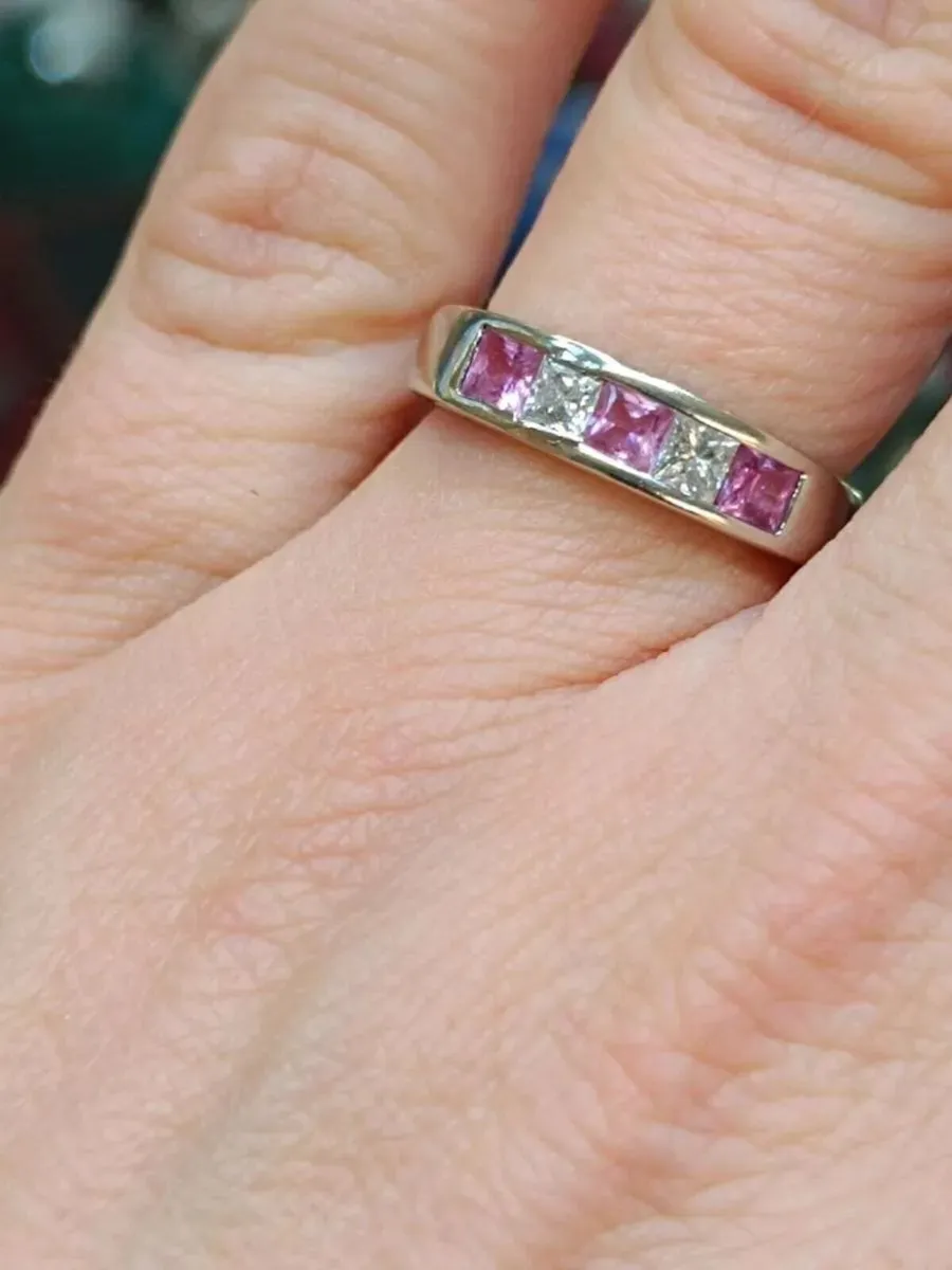 Pink Sapphire Diamond Eternity Band,18k White Gold - Image 1