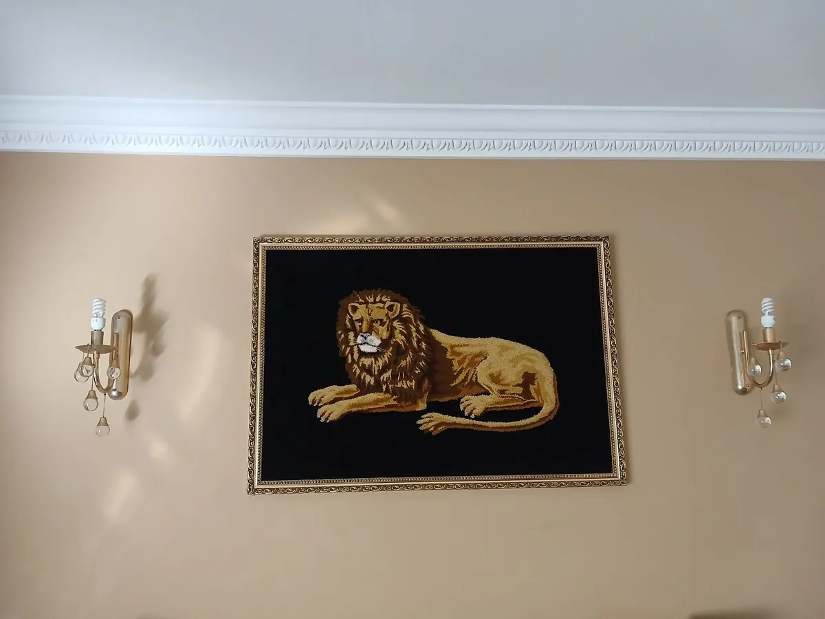 Large Framed Hand-stitched Needlepoint Lion Pictur - Image 1