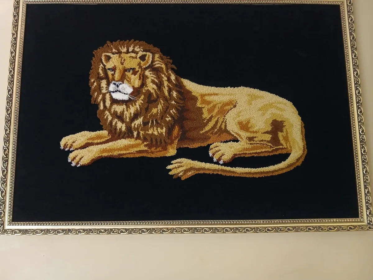 Large Framed Hand-stitched Needlepoint Lion Pictur - Image 2