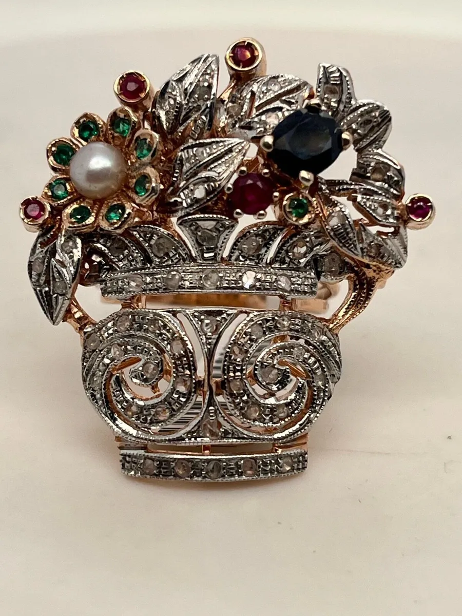 9k gold Jardiniere ring with sapphire & diamonds - Image 1