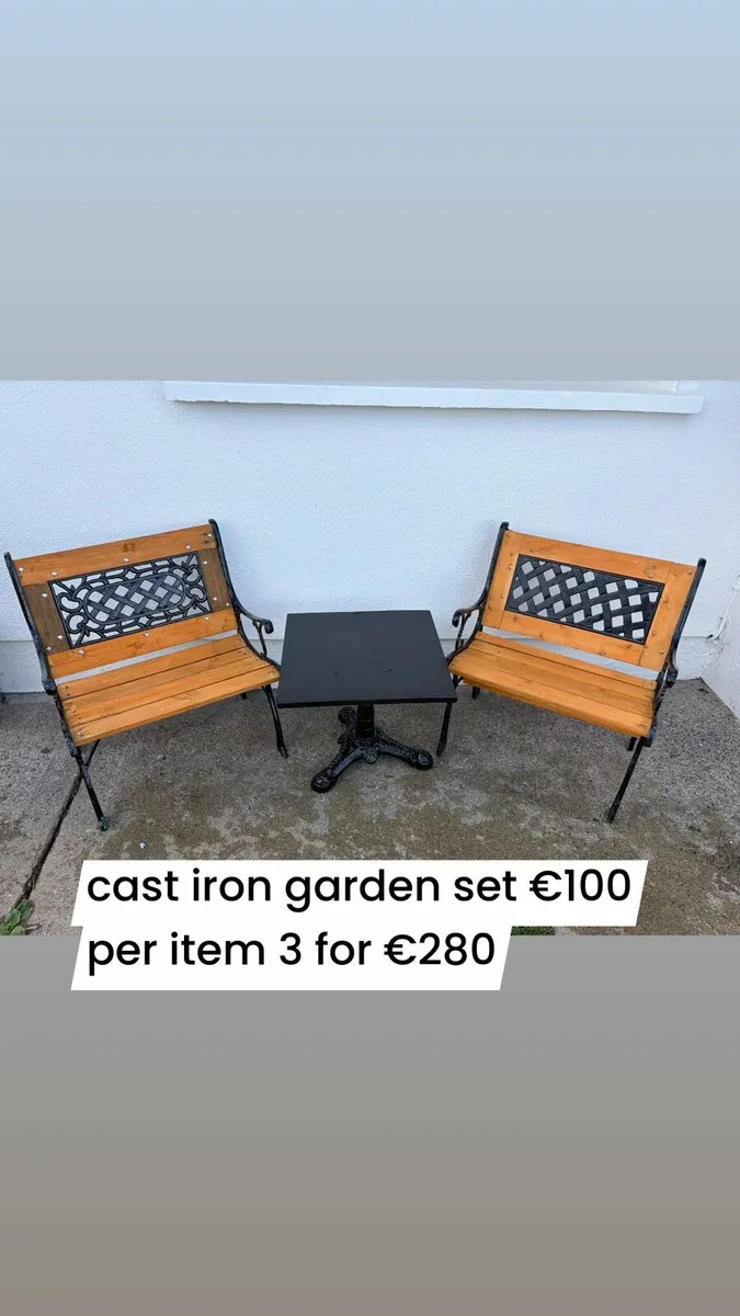 cast iron table + 2 chairs bench sets - Image 1