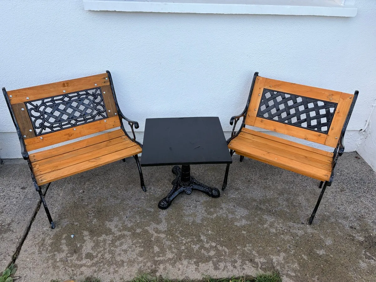 cast iron table + 2 chairs bench sets - Image 2
