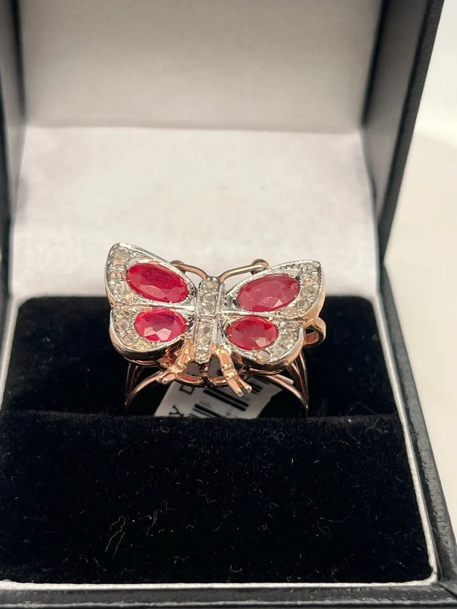 9k rose gold butterfly ring with rubies & diamonds - Image 1