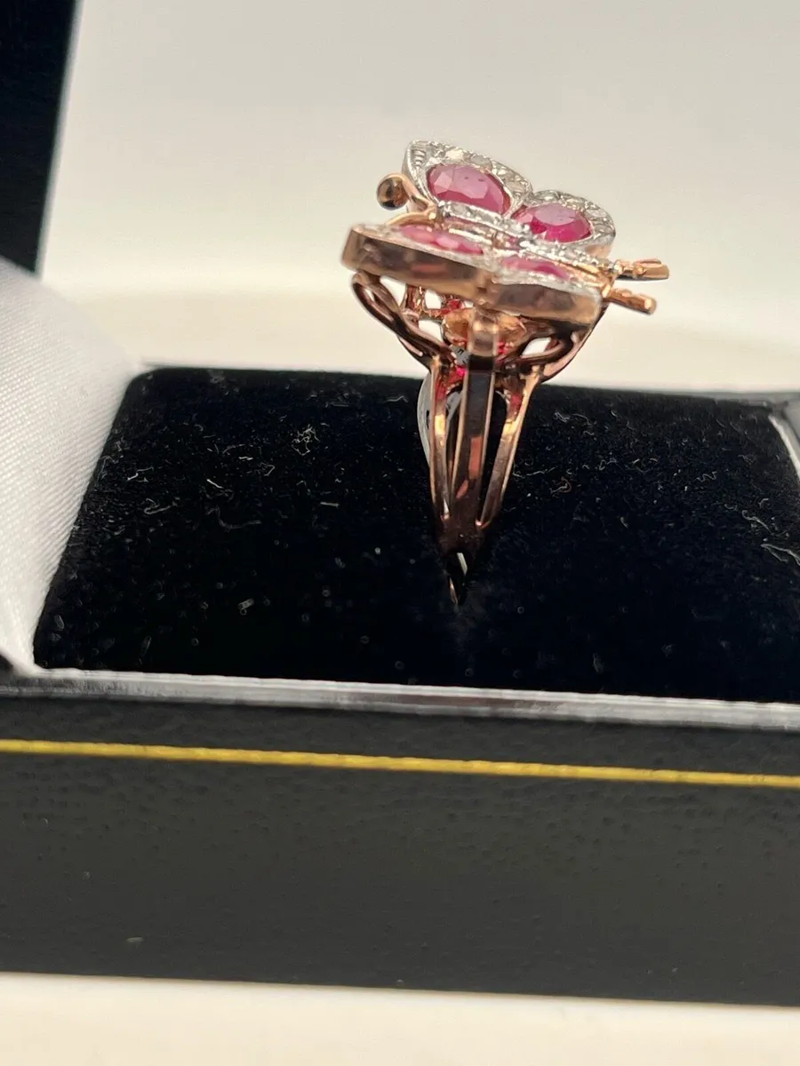 9k rose gold butterfly ring with rubies & diamonds - Image 3