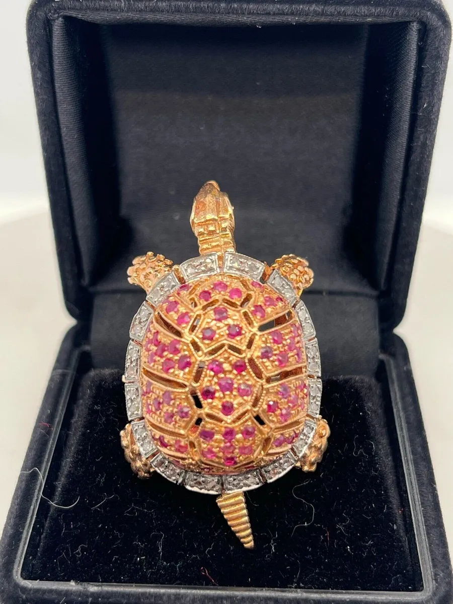 9k rose & white gold turtle ring, ruby & diamond - Image 2