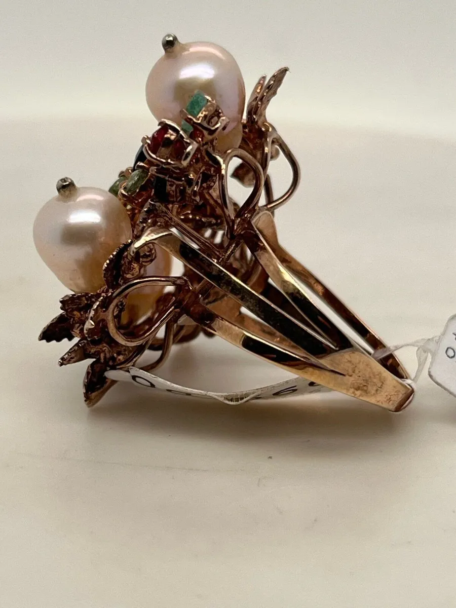 9k rose gold multi stone ring, diamonds and pearls - Image 4