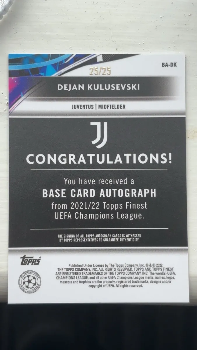 Dejan Kulusevski Auto 25/25 Juventus Topps Card - Image 3