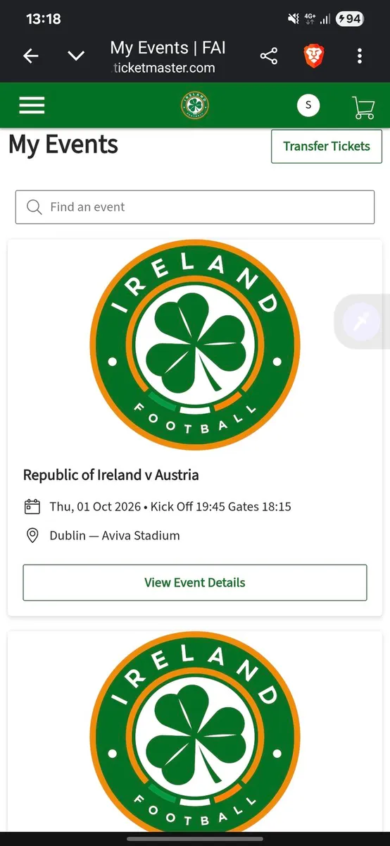 Ireland v Austria Blk 115 Standing (Behind Goals)