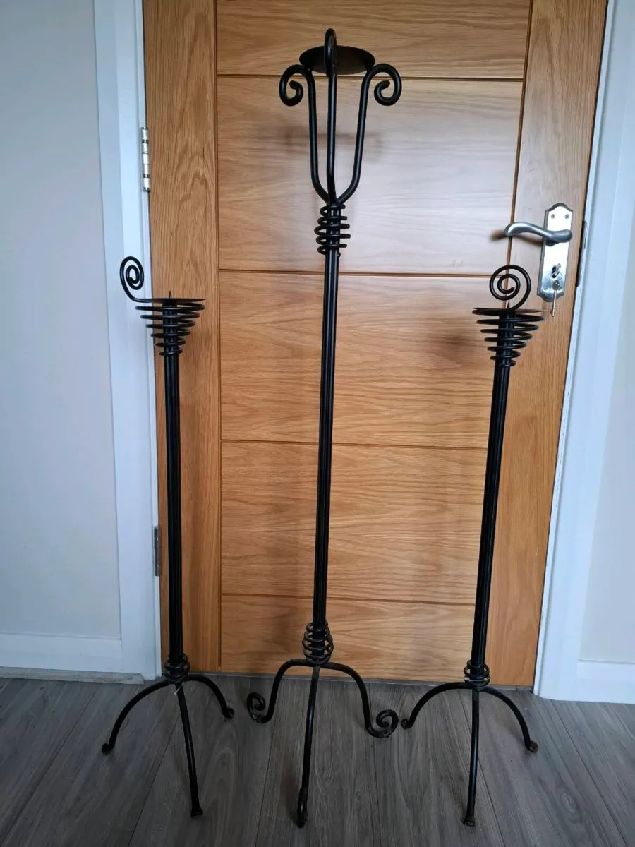 Set of 3 Tall Wrought Iron Candle Holders / Floor - Image 1