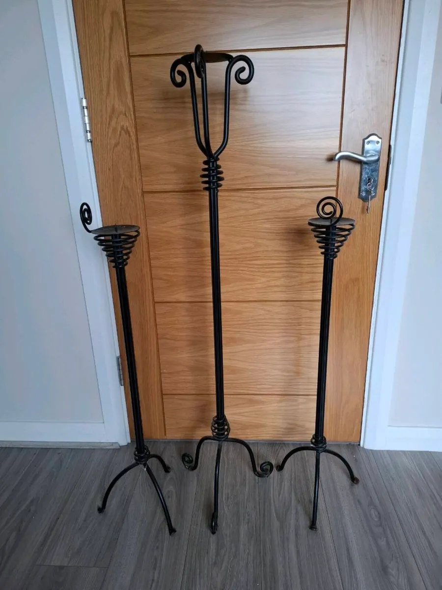 Set of 3 Tall Wrought Iron Candle Holders / Floor - Image 2