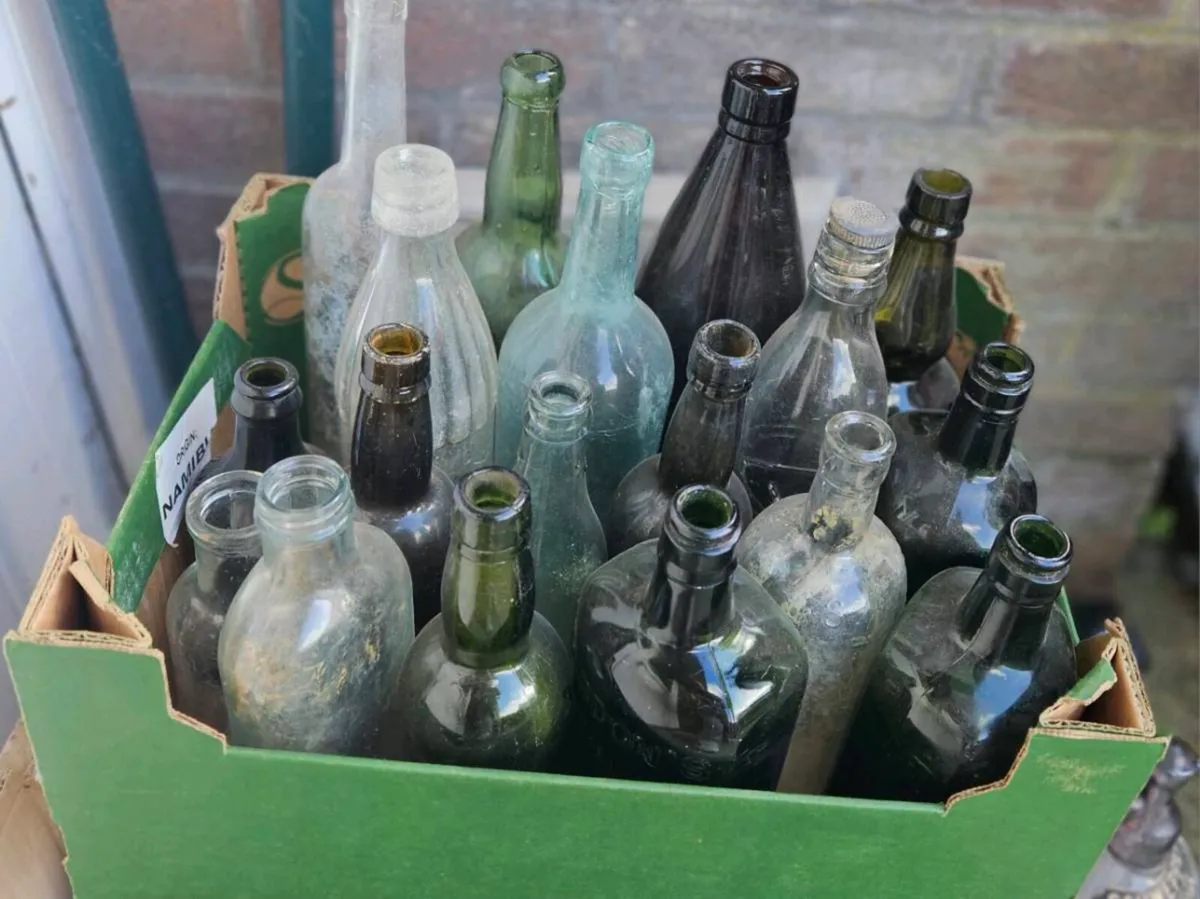 Box of Vintage Bottles and Schweppes Soda Syphon - Image 1