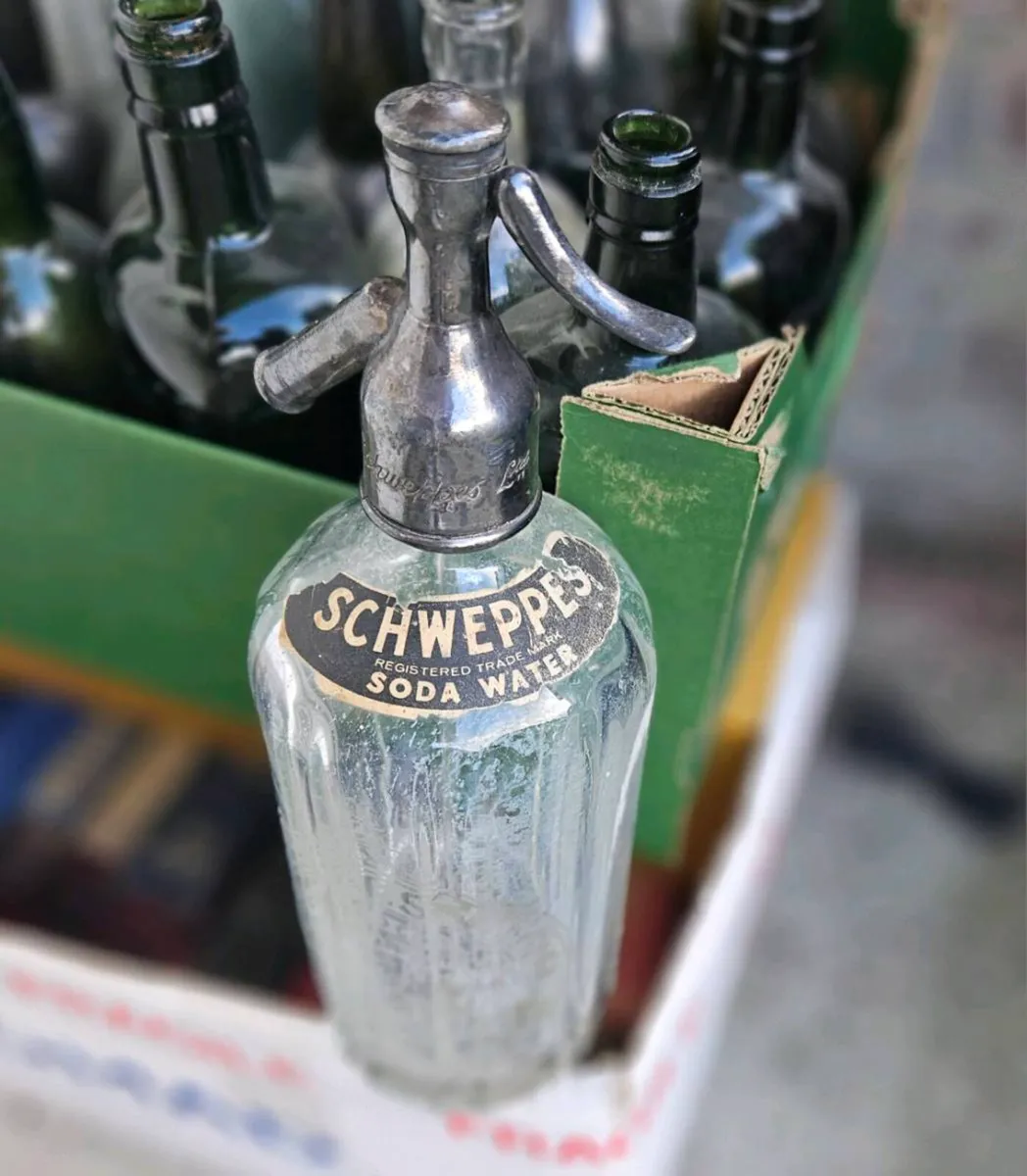 Box of Vintage Bottles and Schweppes Soda Syphon - Image 2