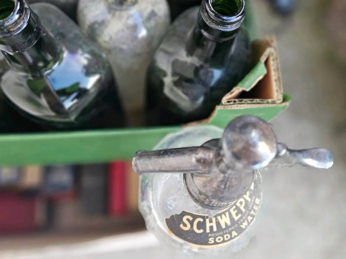 Box of Vintage Bottles and Schweppes Soda Syphon - Image 3