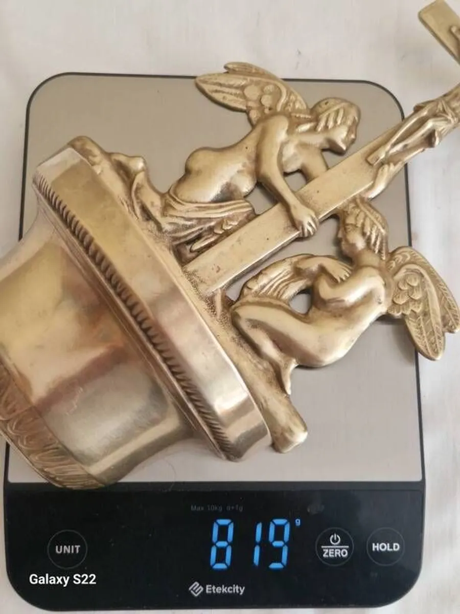 Antique  Brass Angel Holy Water Font Religious Wall Art - Image 3