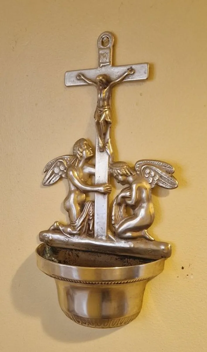 Antique  Brass Angel Holy Water Font Religious Wall Art - Image 1