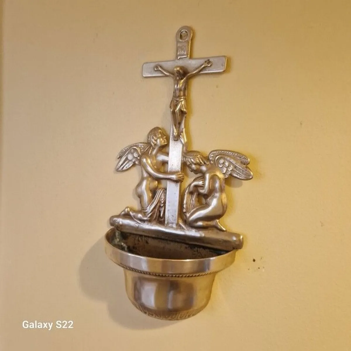 Antique  Brass Angel Holy Water Font Religious Wall Art - Image 2