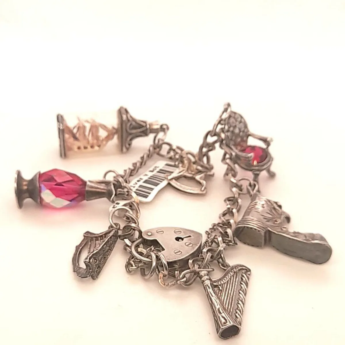 Vintage Silver and Pink Stone Charm Bracelet - Image 1