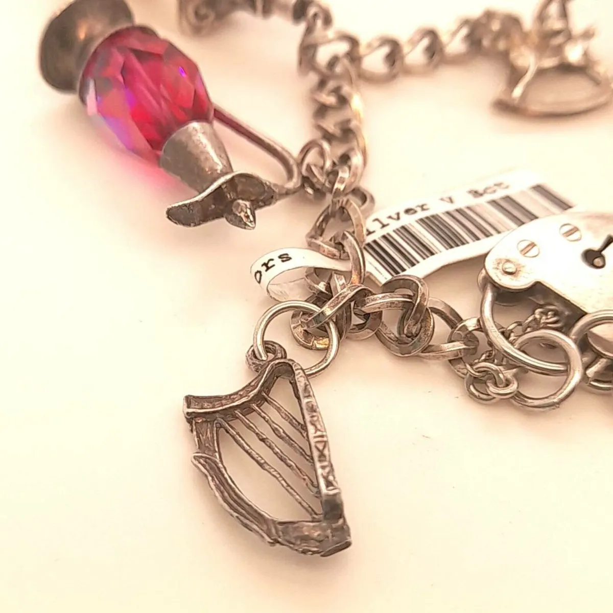 Vintage Silver and Pink Stone Charm Bracelet - Image 2