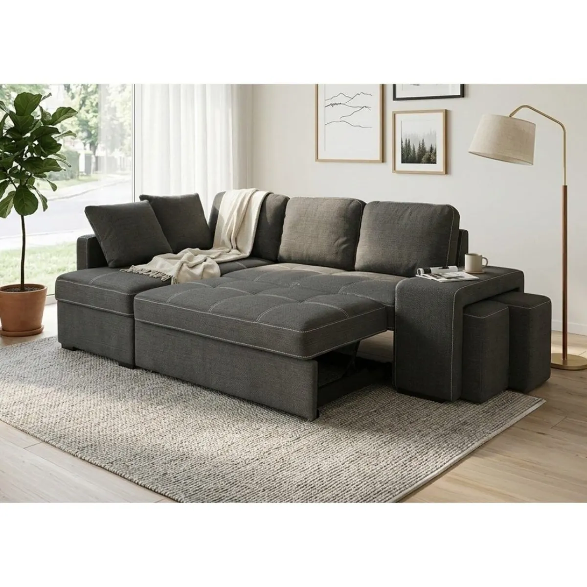STACY Dark Grey Sofa Bed with Storage + 2 Poufs - Image 1