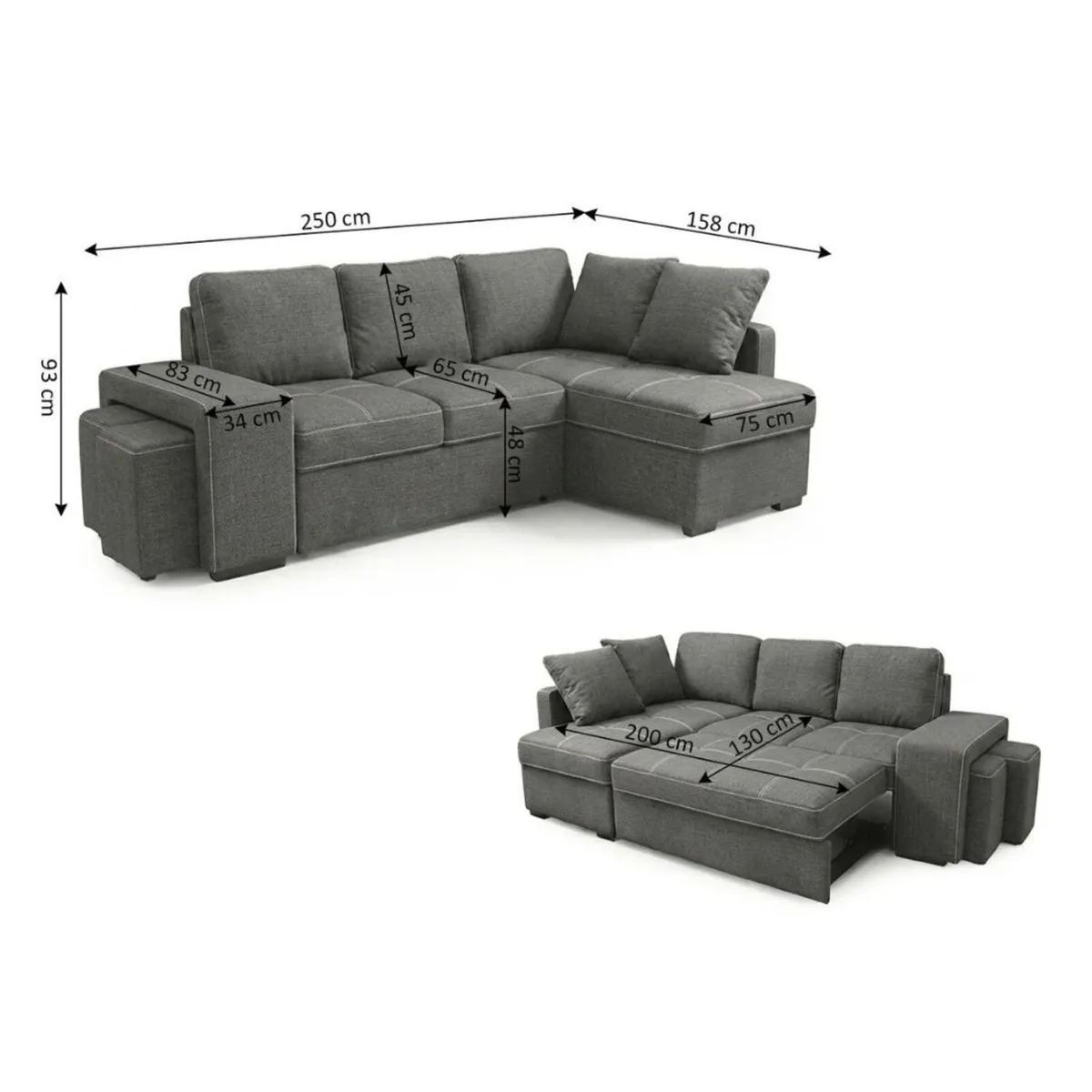 STACY Dark Grey Sofa Bed with Storage + 2 Poufs - Image 4