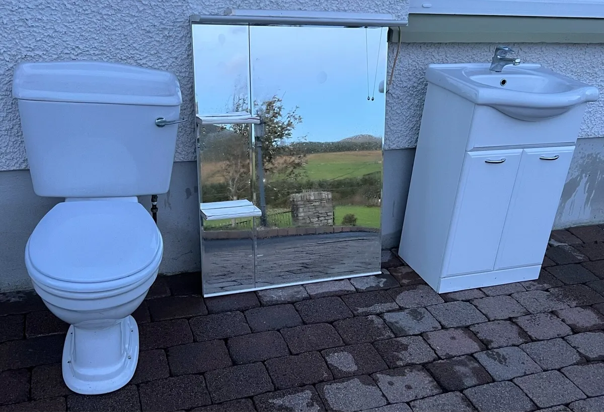 Vanity unit, mirror and toilet