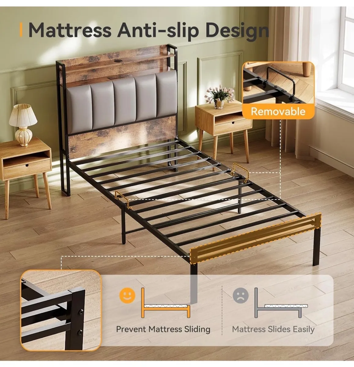 3ft Single Bed Frame with Storage Upholstered Head - Image 4