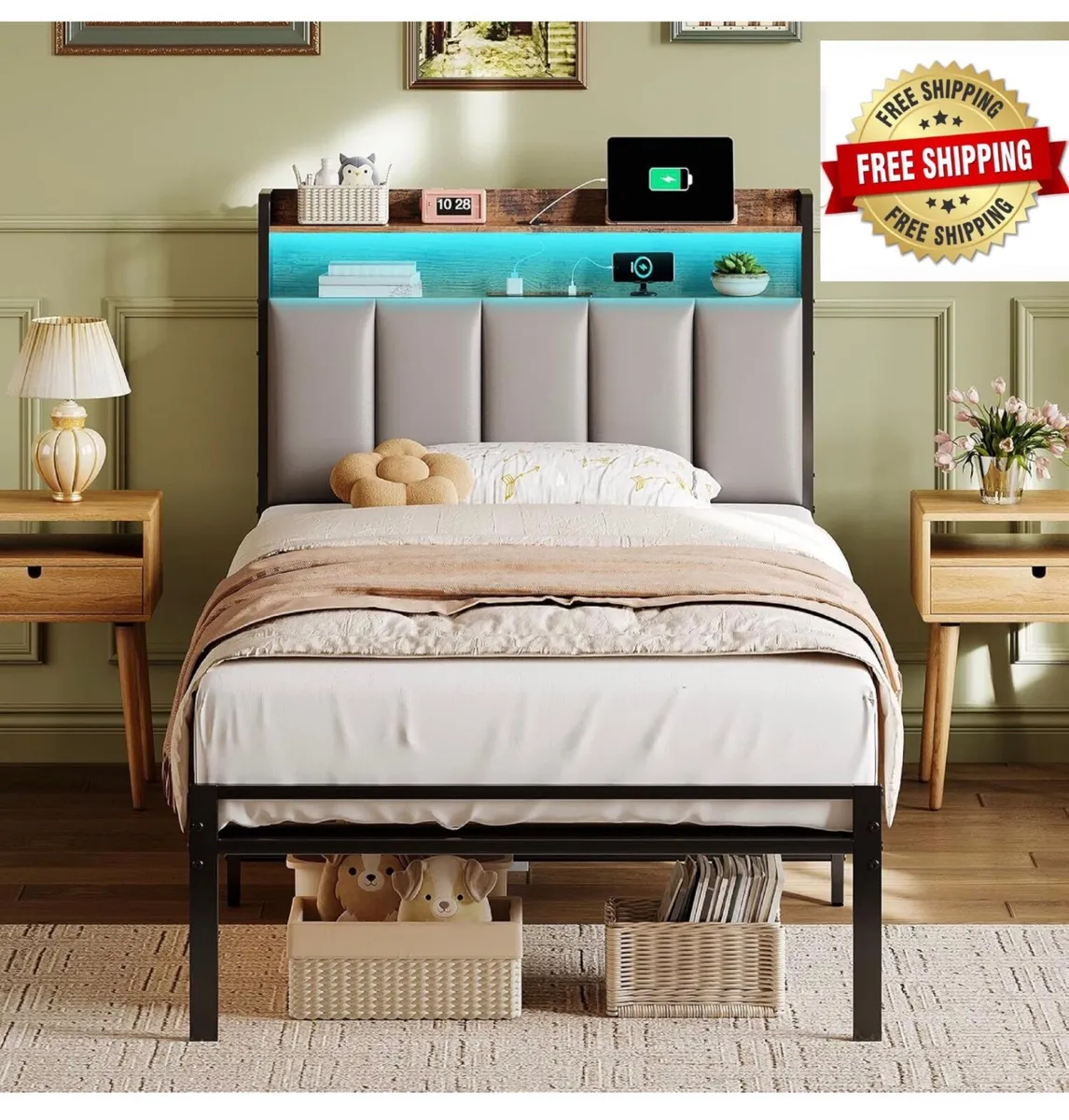 3ft Single Bed Frame with Storage Upholstered Head - Image 1