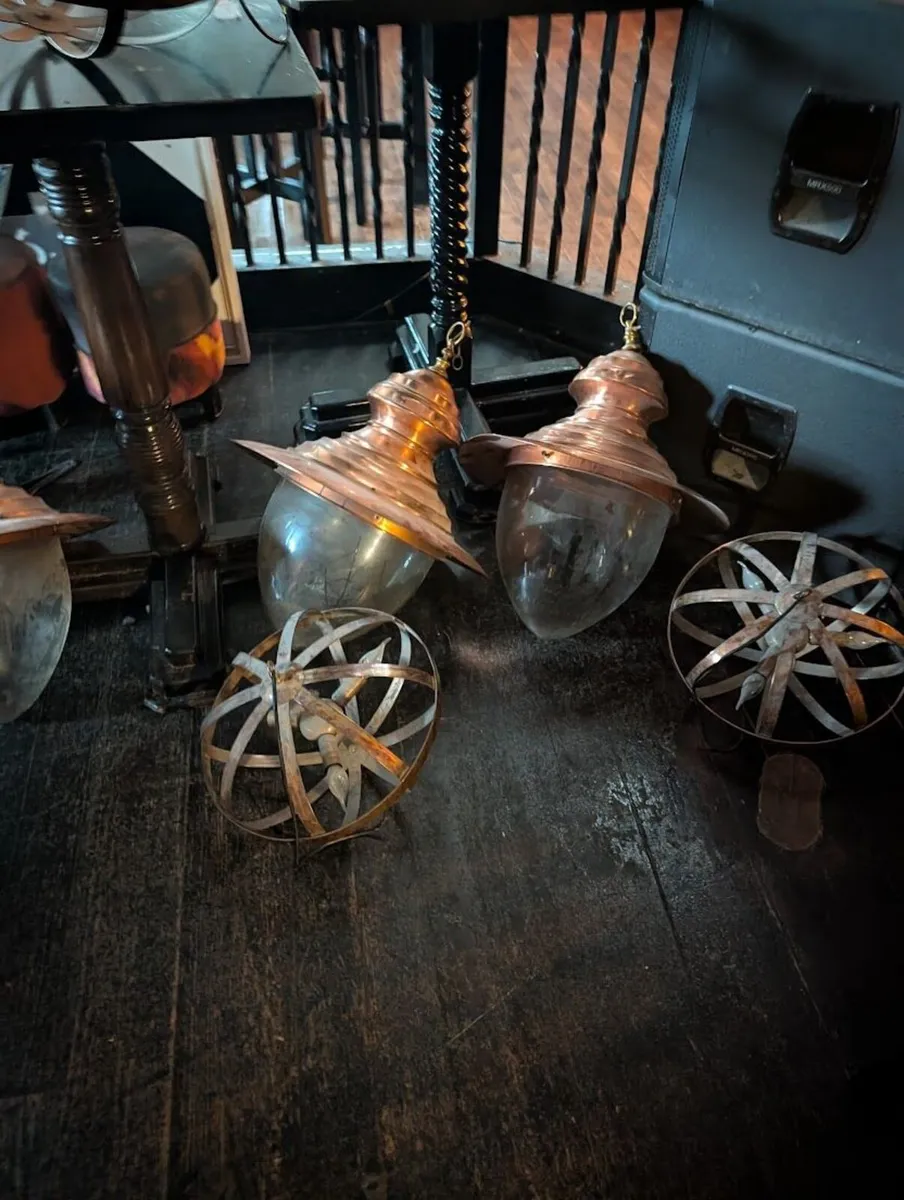 3 Copper Hanging Lanterns, Glass Shades - Image 2