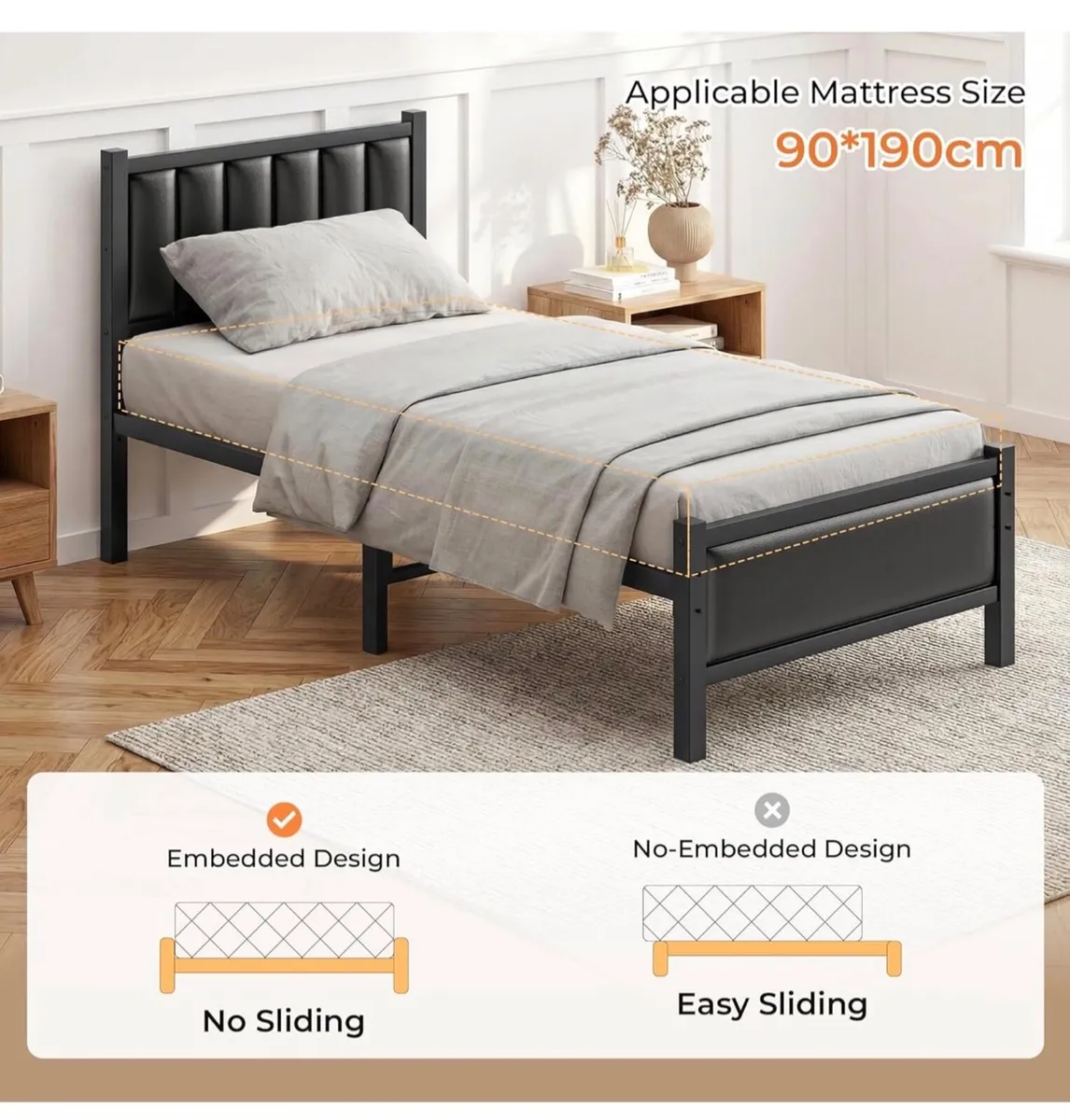 3ft Single Bed Frame, Single Bed with Sturdy Steel - Image 3