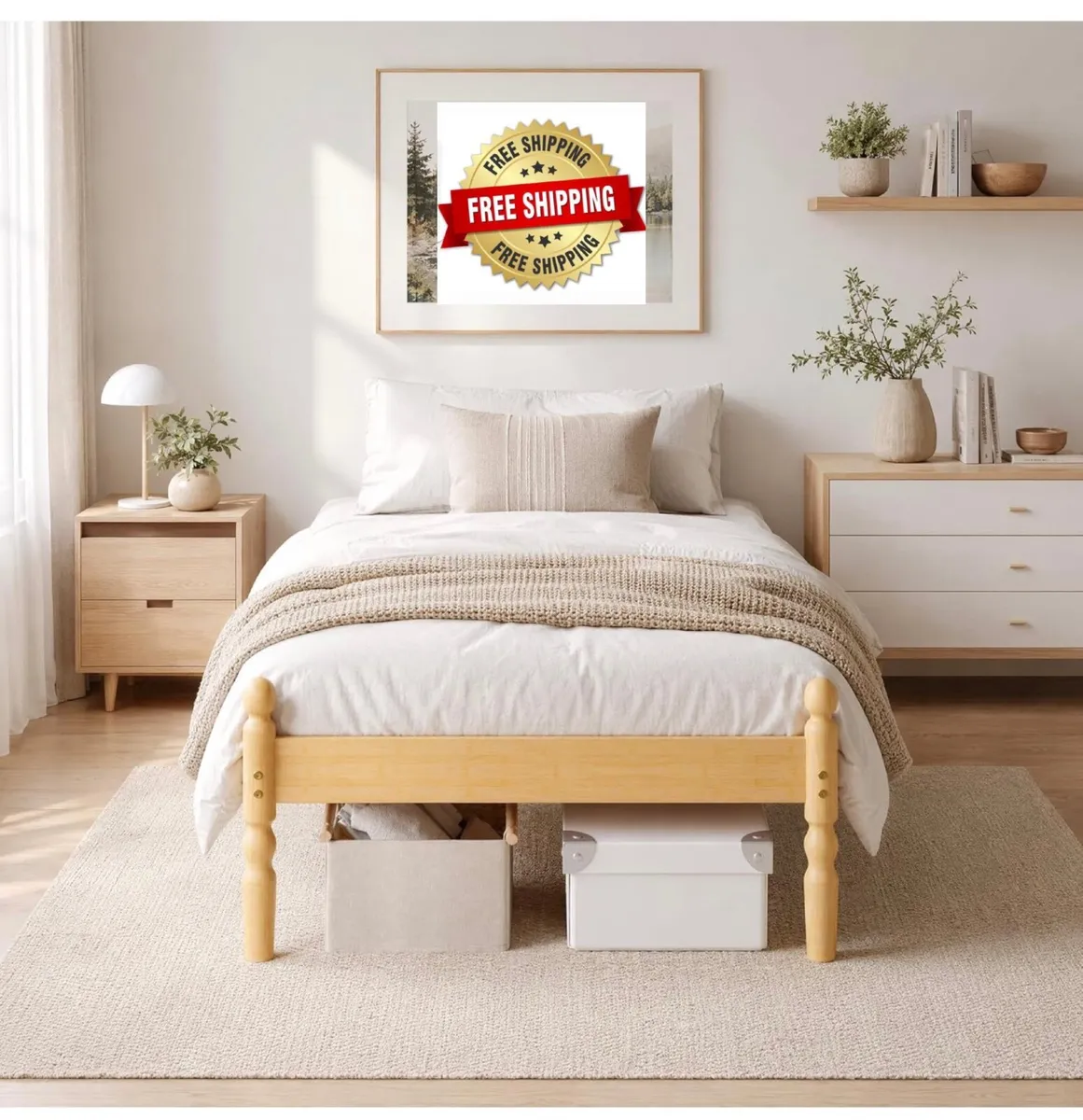 Single Bed Frame 14-inch Natural Bamboo Wood Platf - Image 1
