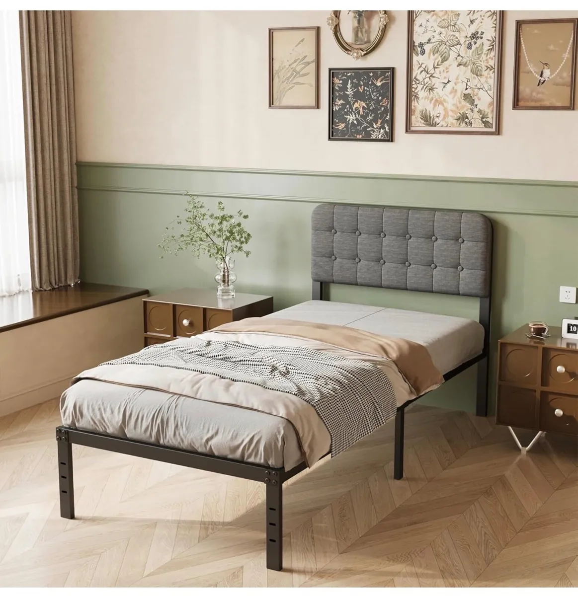Single Bed Frame with Grey Upholstered Headboard 3 - Image 2