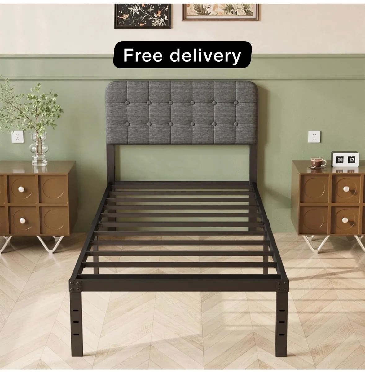 Single Bed Frame with Grey Upholstered Headboard 3 - Image 1