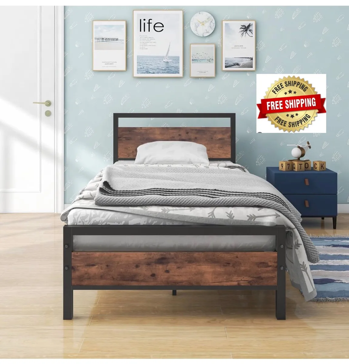 3ft Single Bed Frame with Wood Headboard,Heavy Dut - Image 1