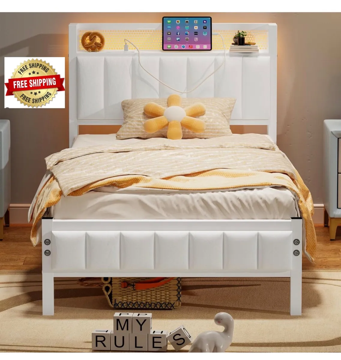 Single Bed Frames with Storage Headboard and Charg - Image 1