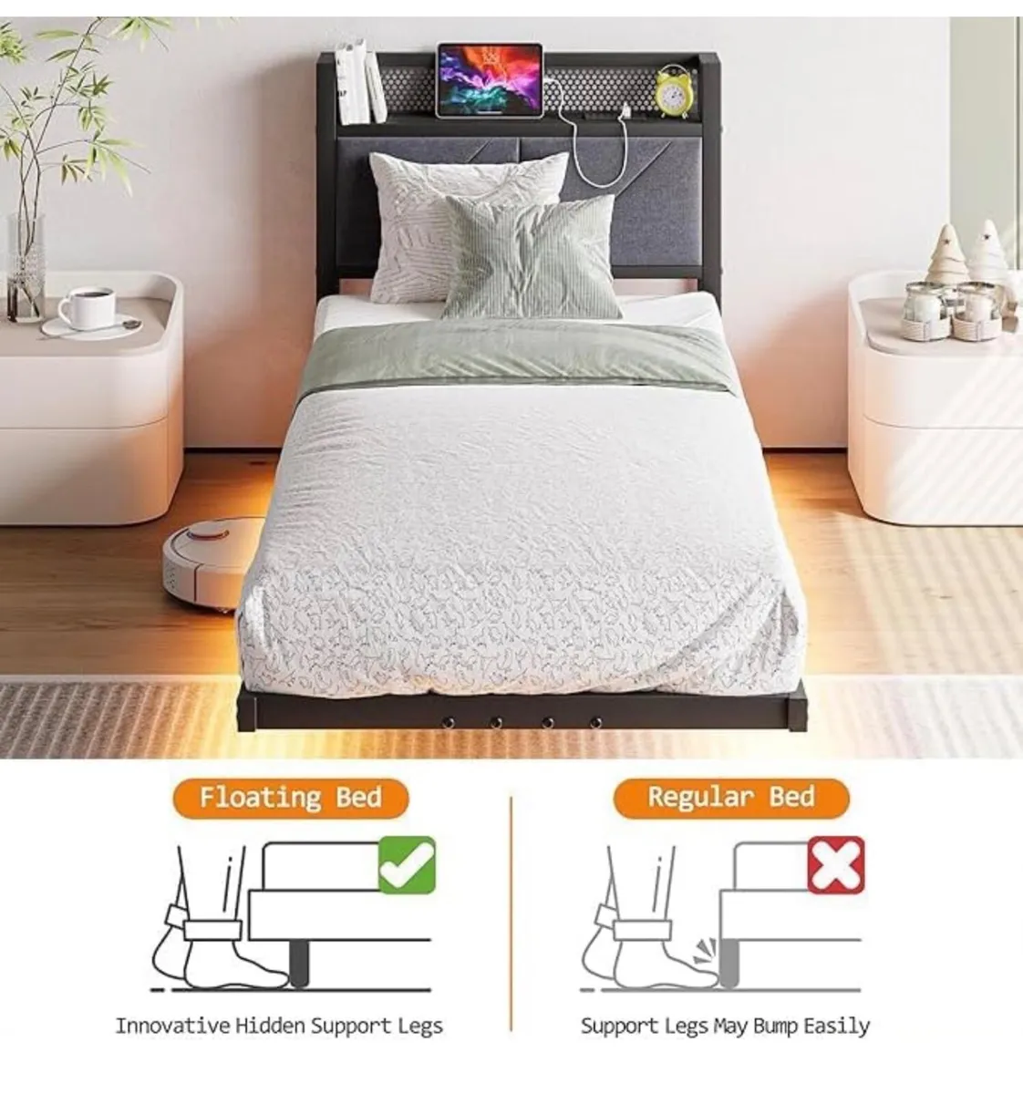 Floating Single Bed Frame, 3ft Upholstered Storage - Image 4