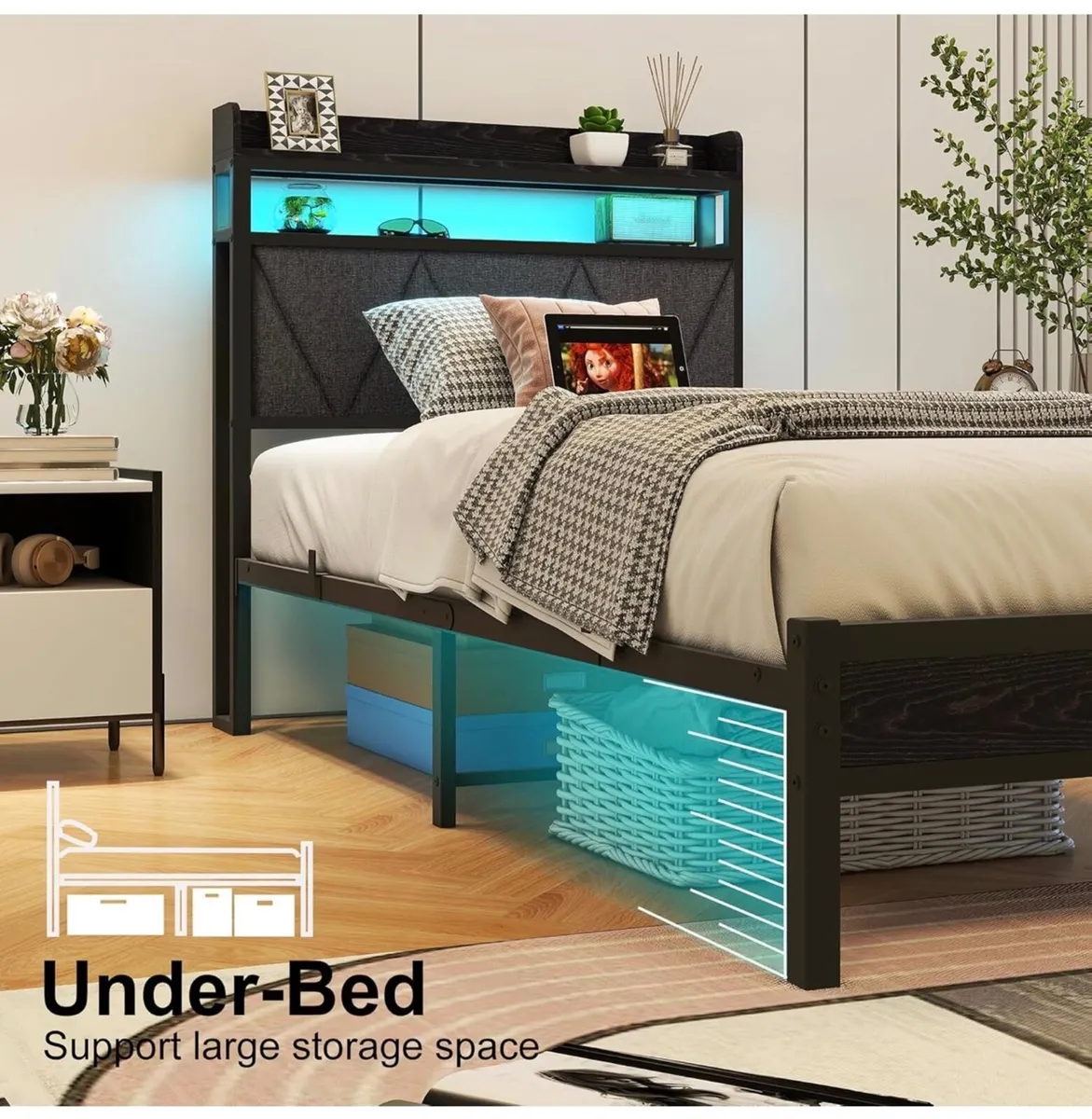 3ft Single Bed Frame with LED Lights Storage Uphol - Image 4
