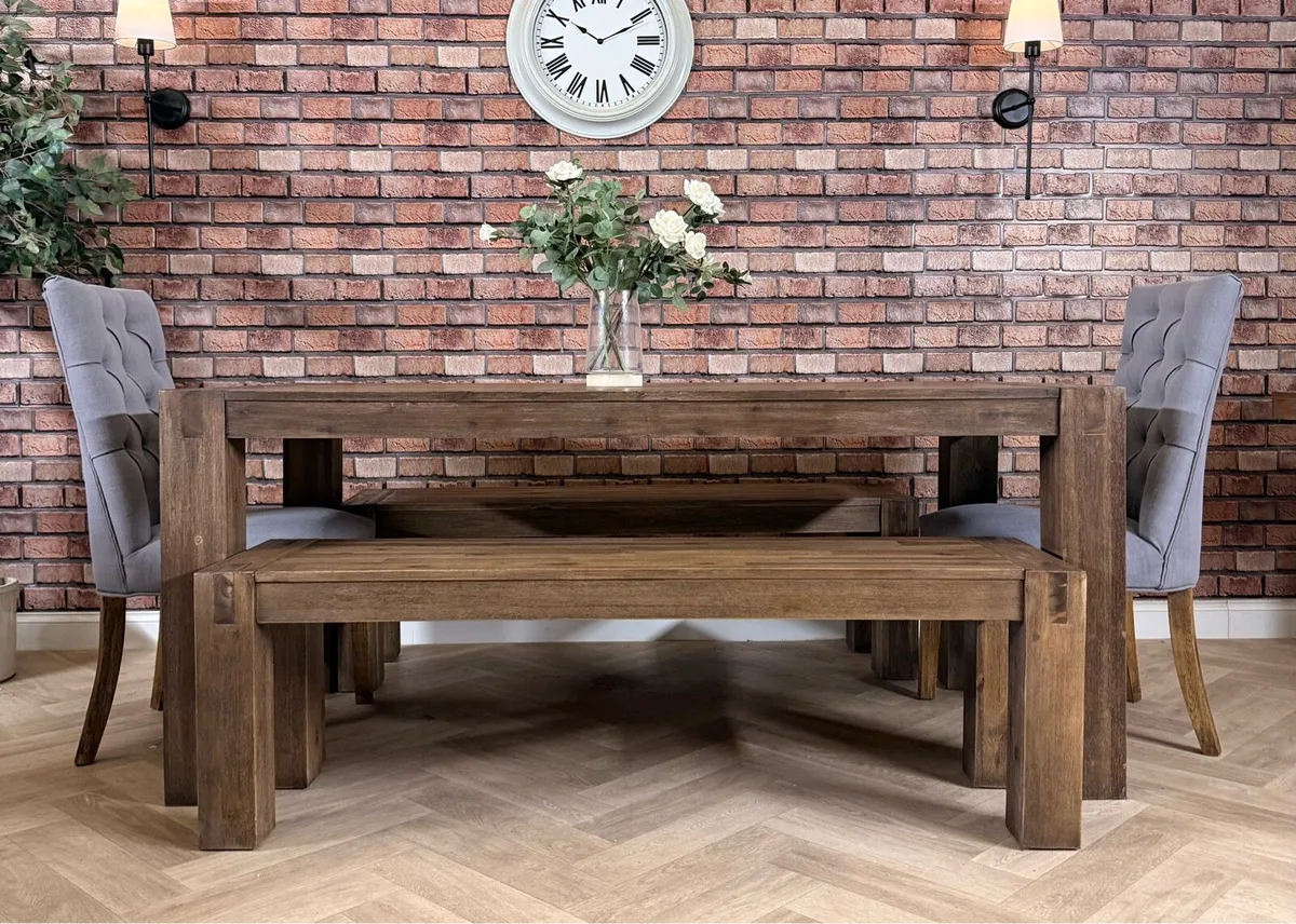 Modern rustic dining table, 2 benches & 2 chairs - Image 2