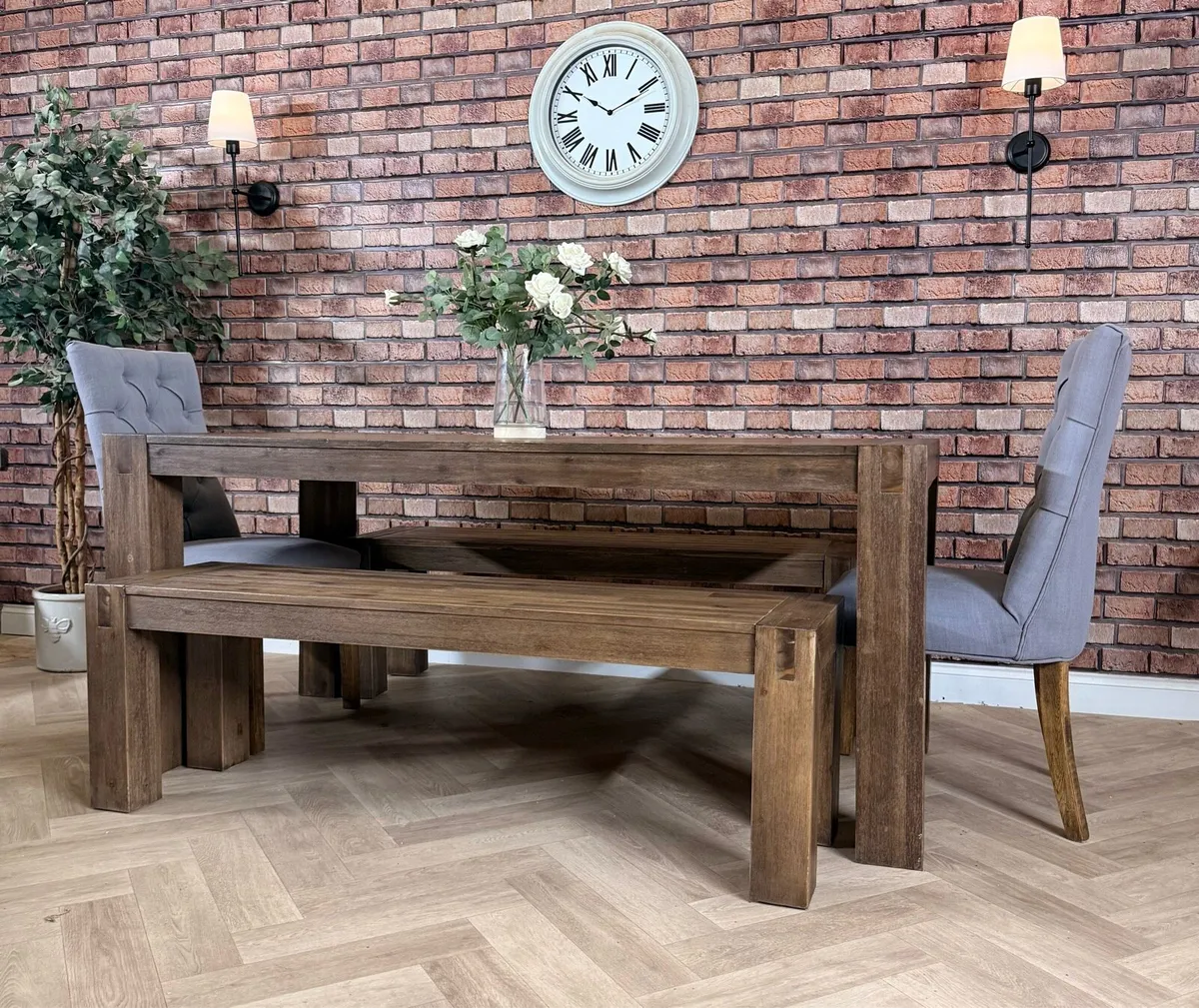 Modern rustic dining table, 2 benches & 2 chairs - Image 1