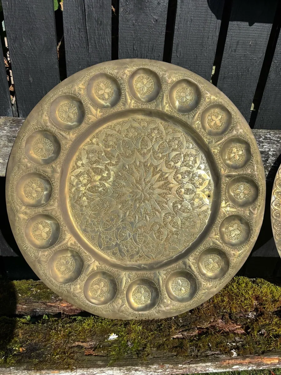 2 vintage large brass engraved Moroccon / middle t - Image 2